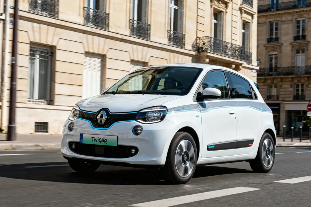 Voiture blanche sur rue, modèle de Twingo électrique 2026 en mouvement urbain.