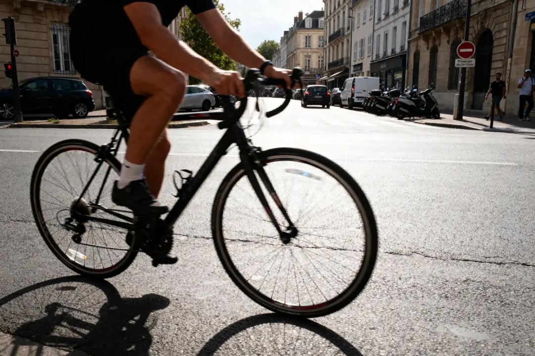 Cycliste en ville illustrant la vitesse moyenne à vélo sur route urbaine en journée
