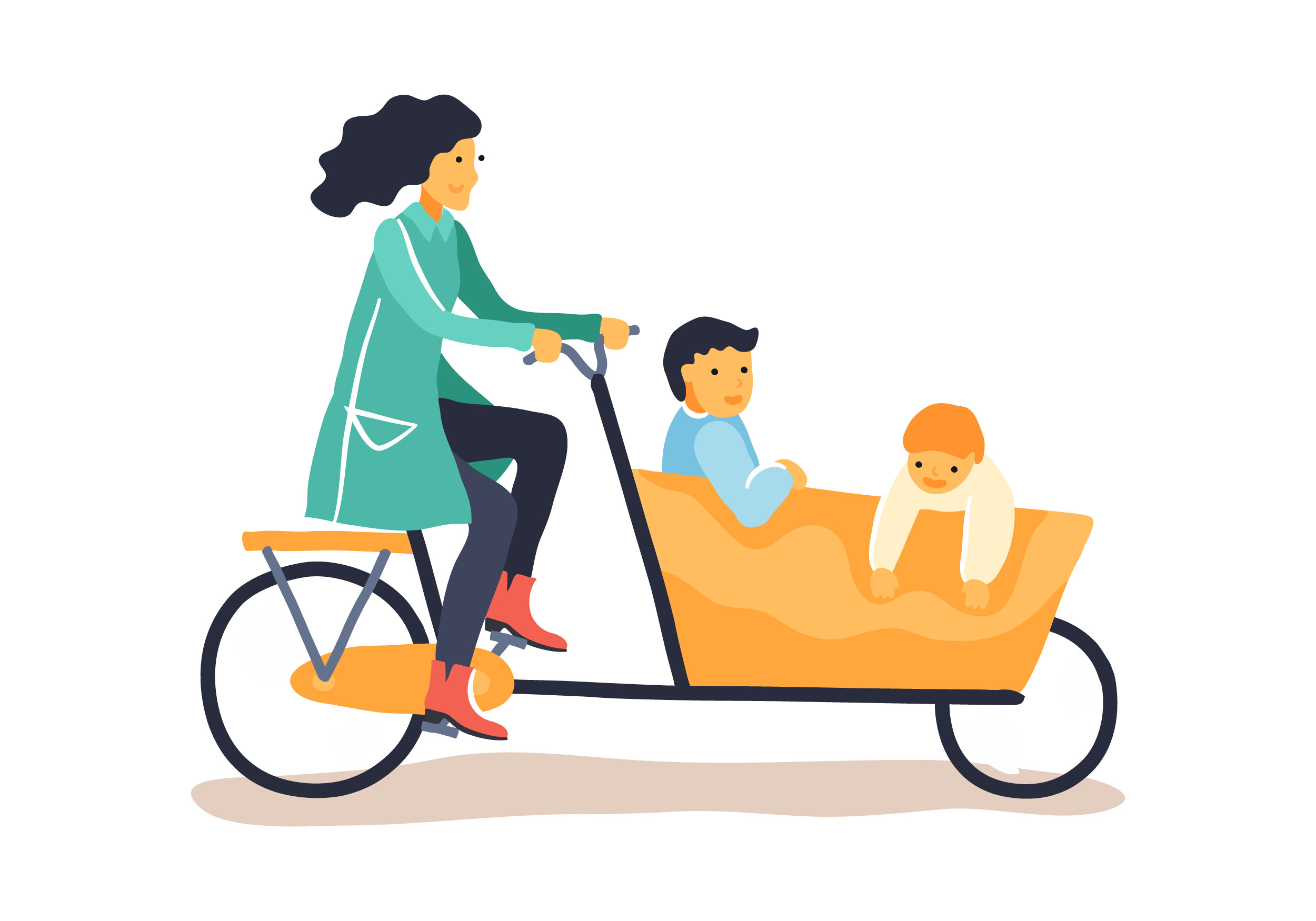 Mother,Carrying,Two,Young,Kids,On,A,Dutch,Cargo,Bike.